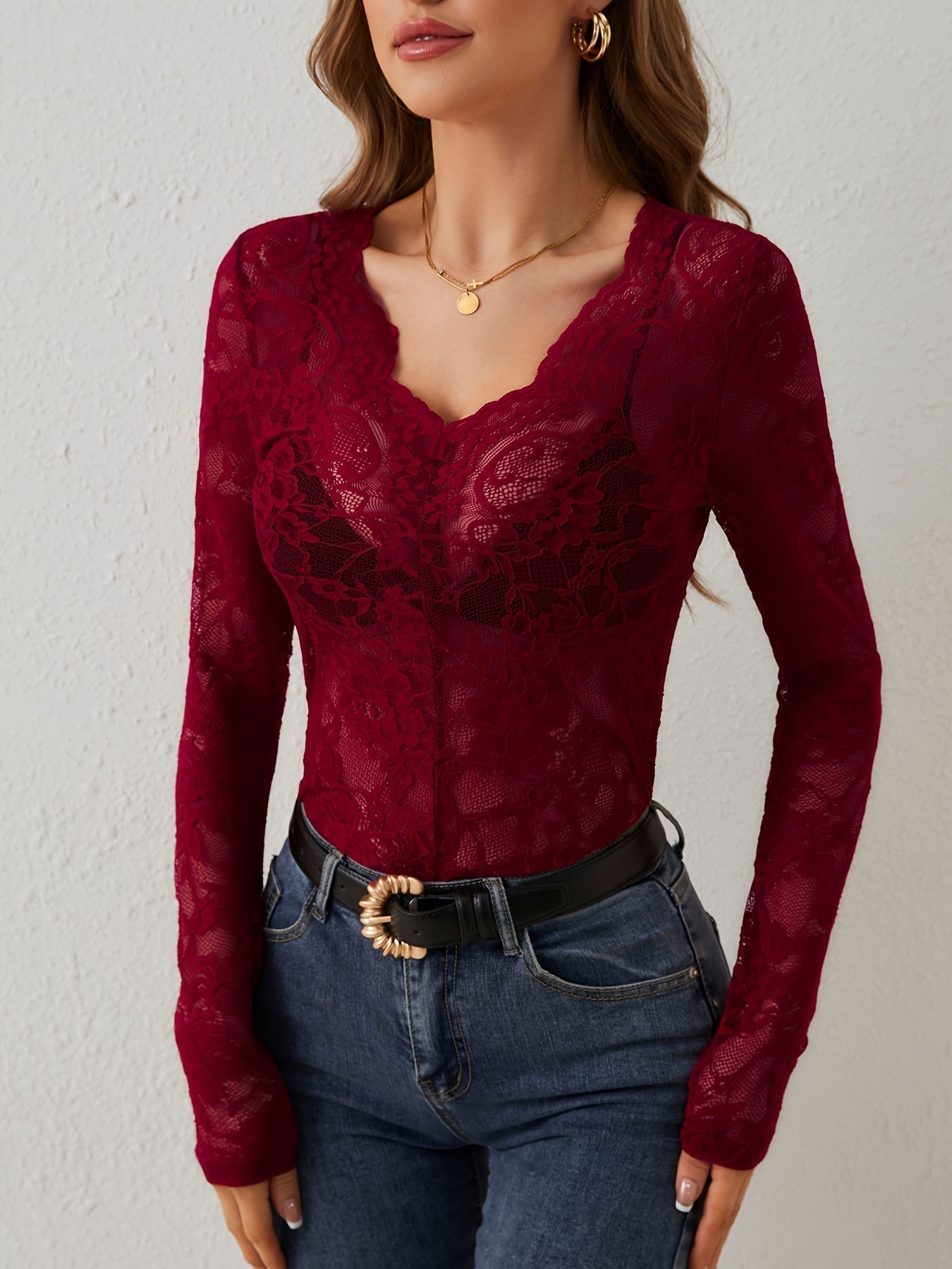 Women's Lace Blouse with Long Sleeve and Sheer Details