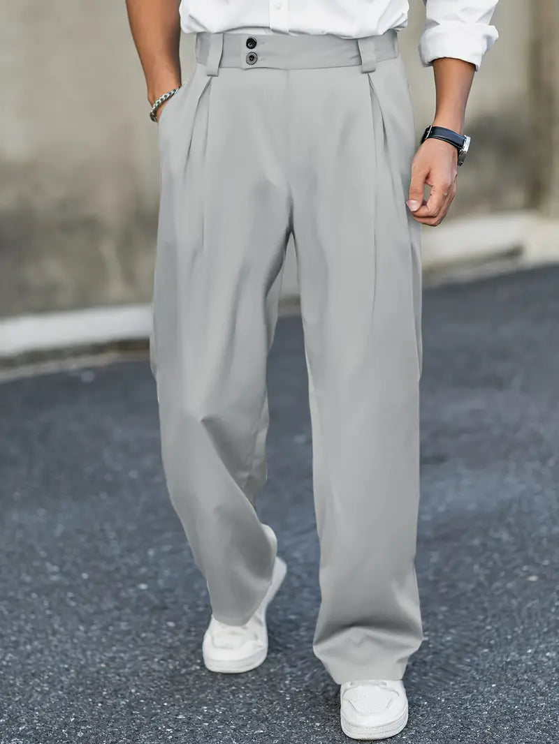 Men's Pleated Wide-Leg Trousers with Double Button Waistband