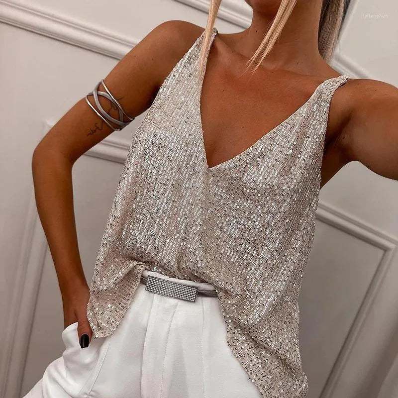 Women's Summer Sequined Blouse with Sleeveless and V-neck