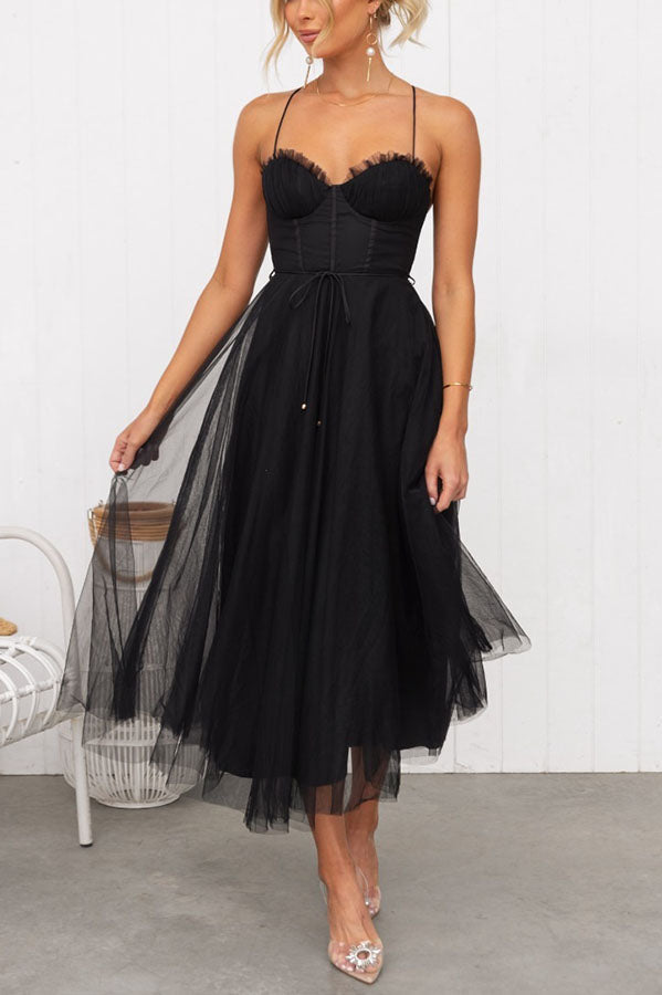 Women's Summer Corset Midi Dress with Tulle Skirt and Spaghetti Straps