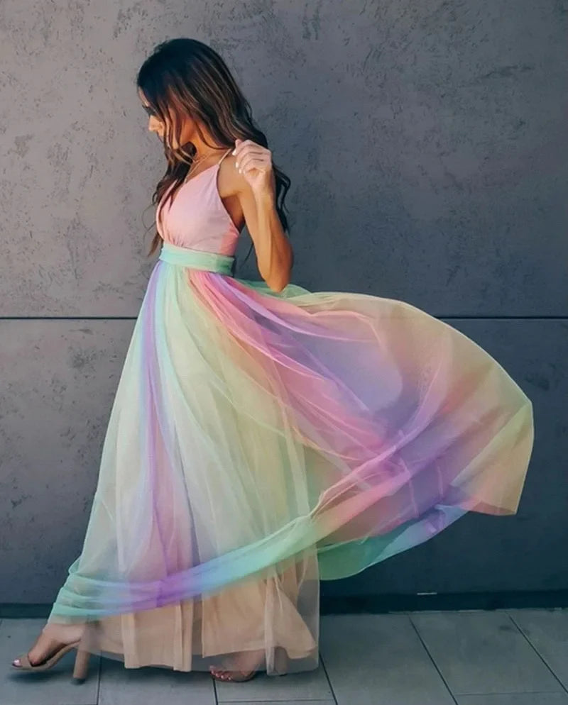 Women's Summer Tulle Maxi Dress with V-Neck and Multicolour Style