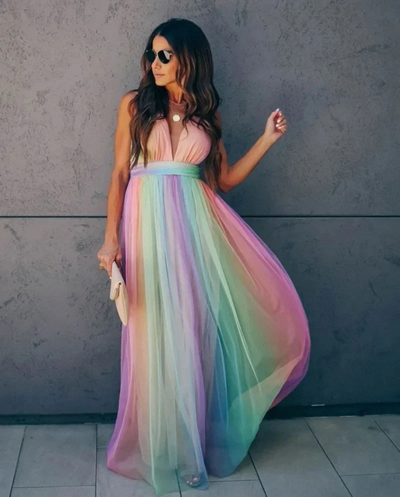 Women's Summer Tulle Maxi Dress with V-Neck and Multicolour Style