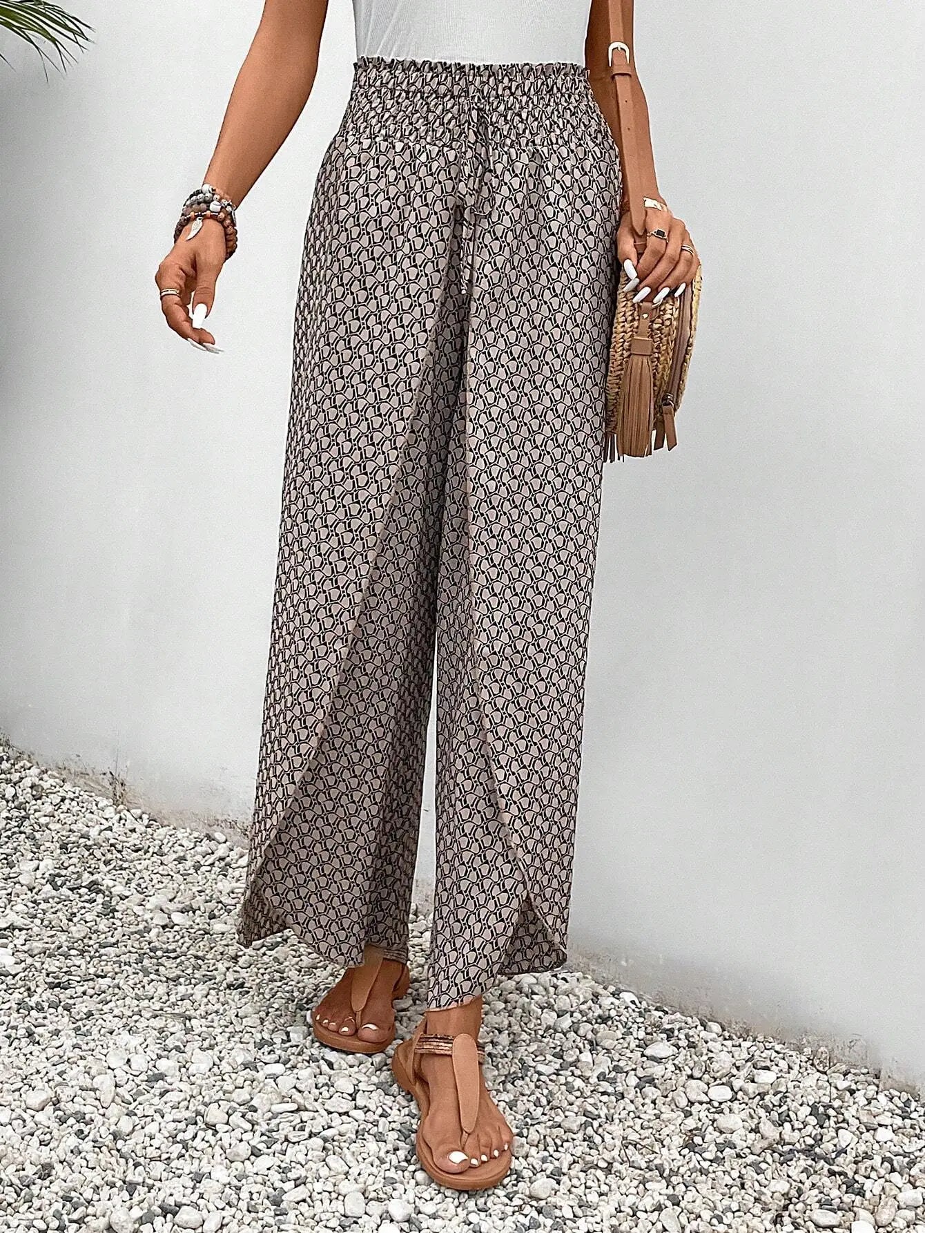 Women's Summer Printed Trousers with Drawstring and Elastic Waist