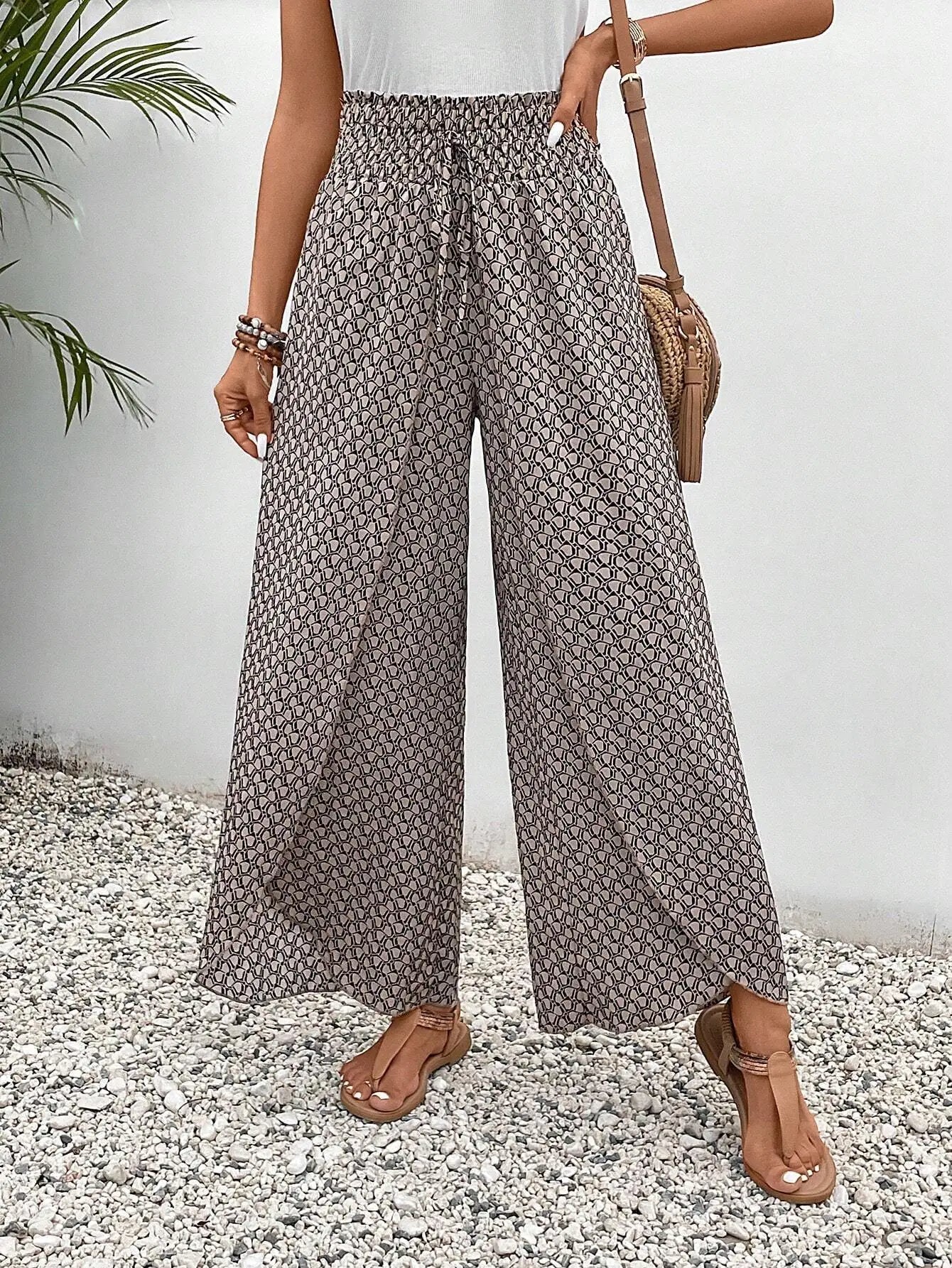 Women's Summer Printed Trousers with Drawstring and Elastic Waist