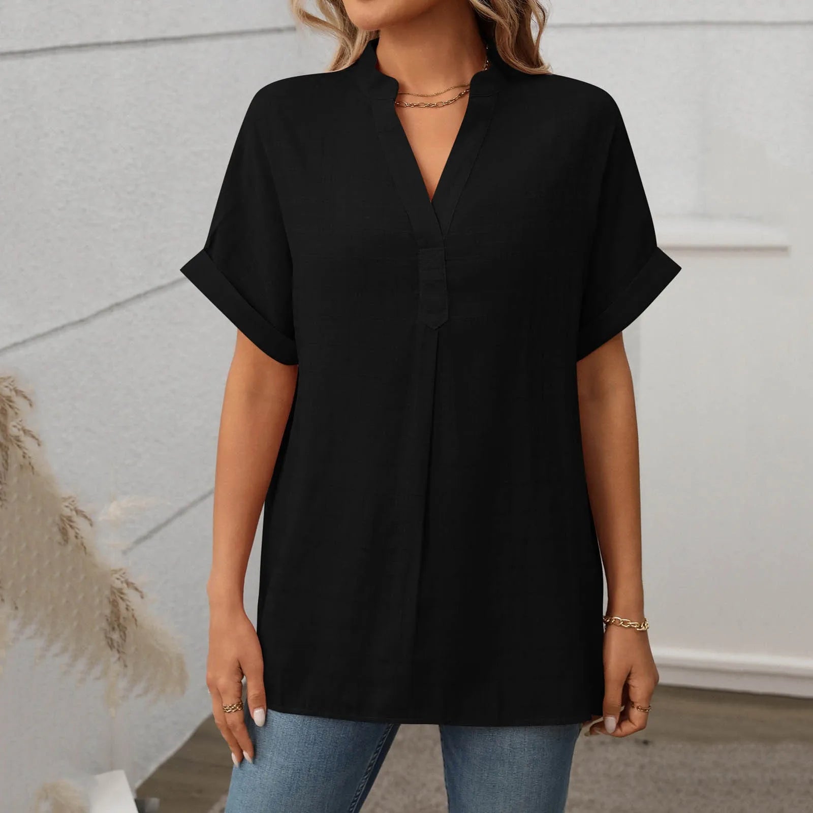 Women's Summer Blouse with V-neck and Short Sleeves