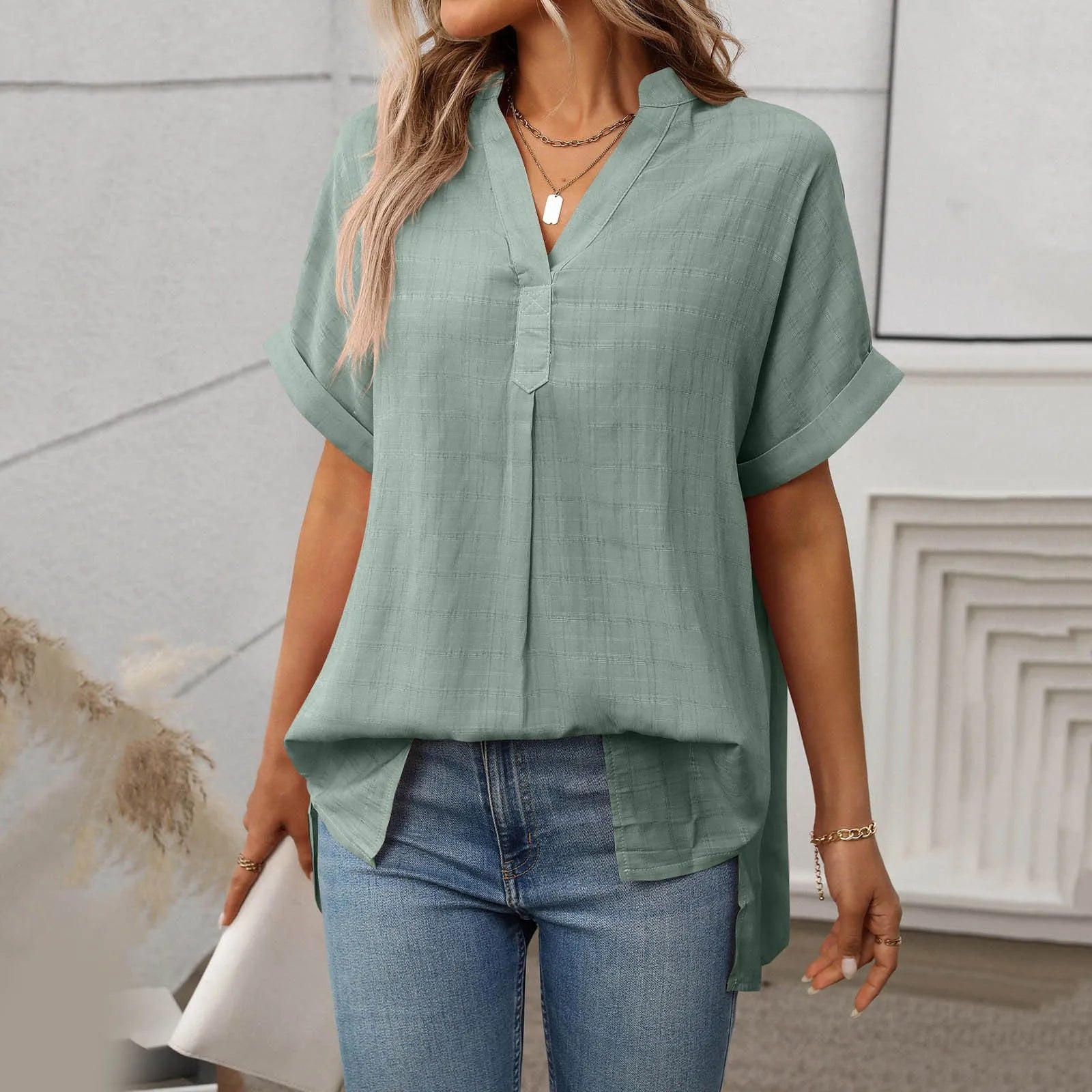 Women's Summer Blouse with V-neck and Short Sleeves