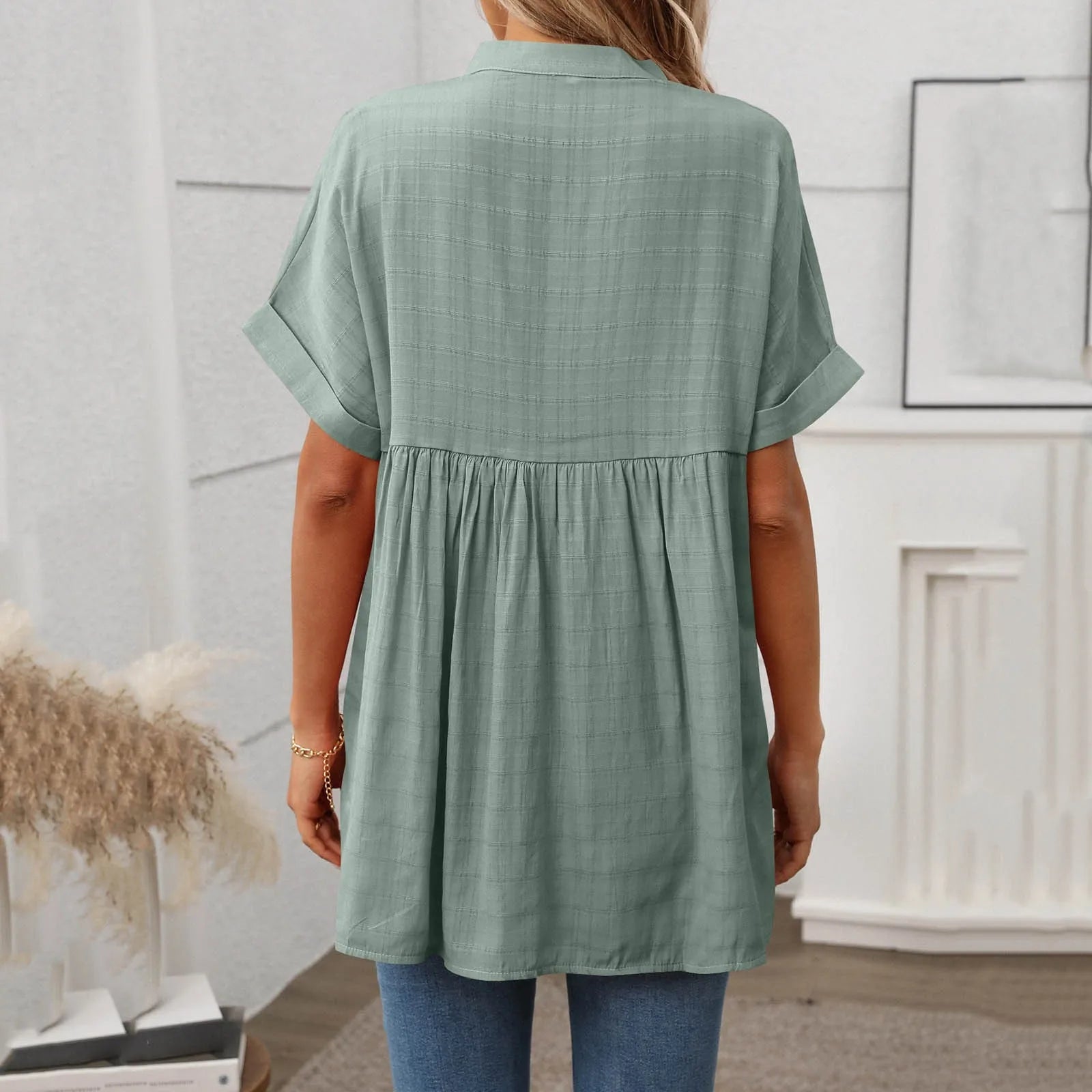 Women's Summer Blouse with V-neck and Short Sleeves