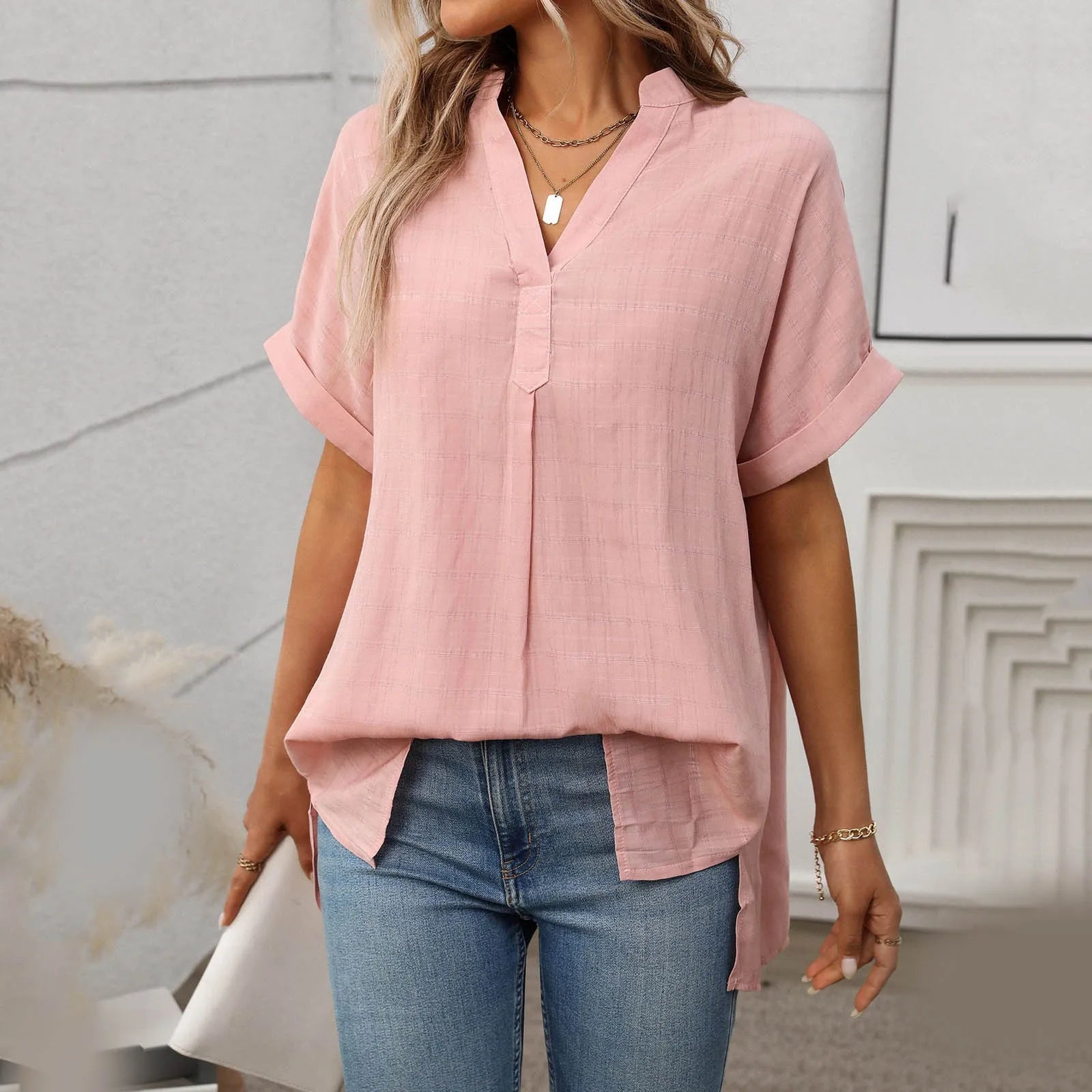 Women's Summer Blouse with V-neck and Short Sleeves