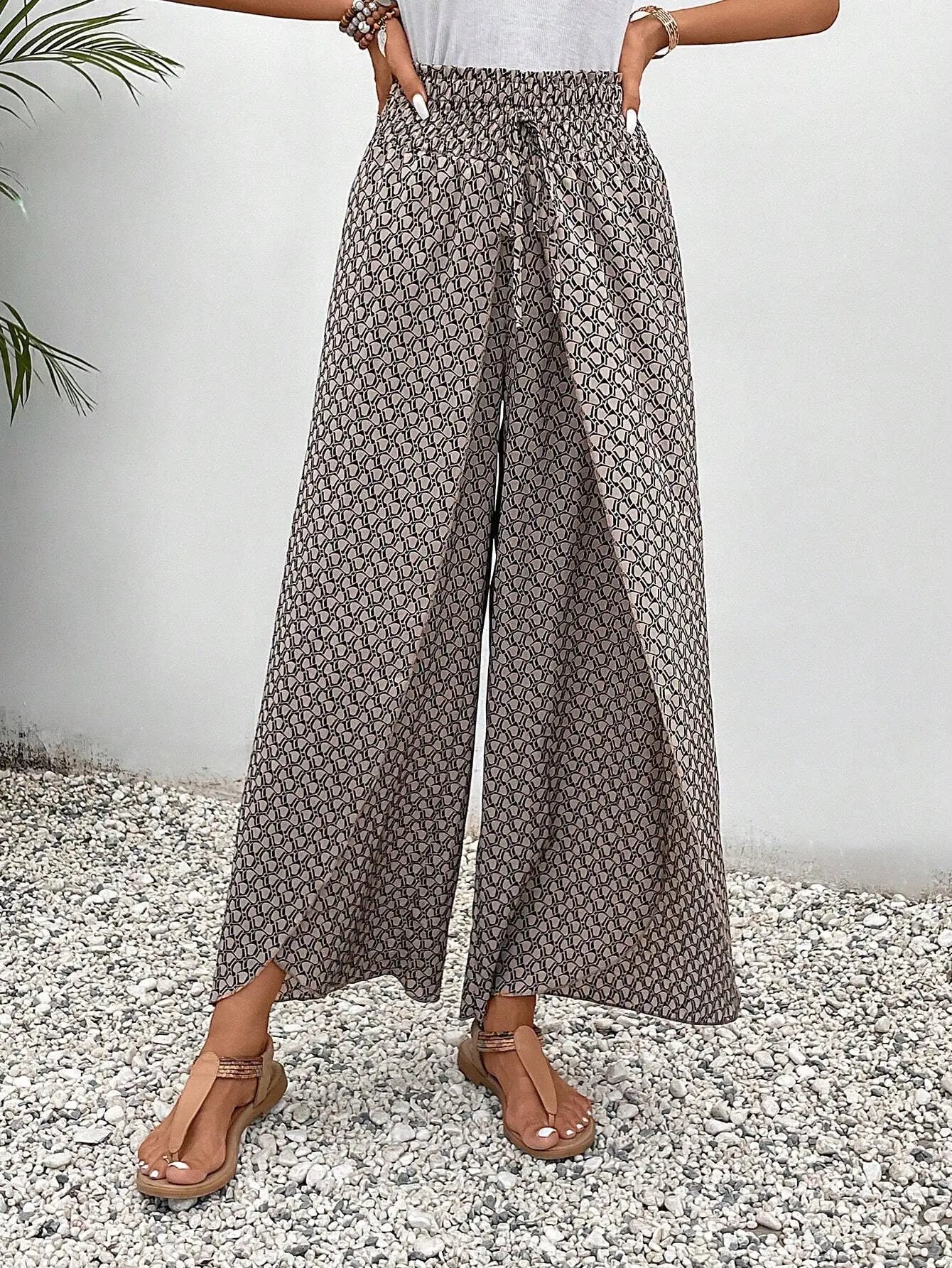 Women's Summer Printed Trousers with Drawstring and Elastic Waist