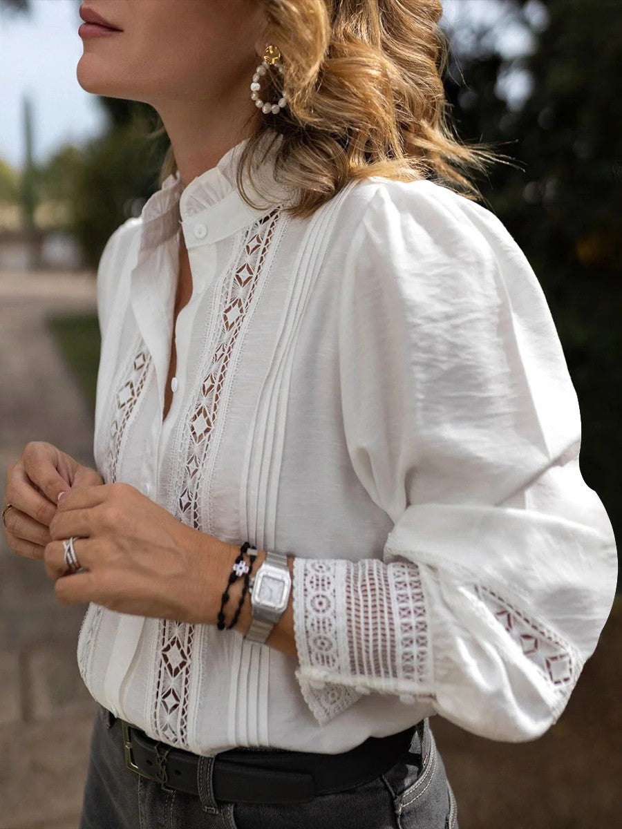 Women's Puff Sleeve Blouse with Lace Panels and Buttons