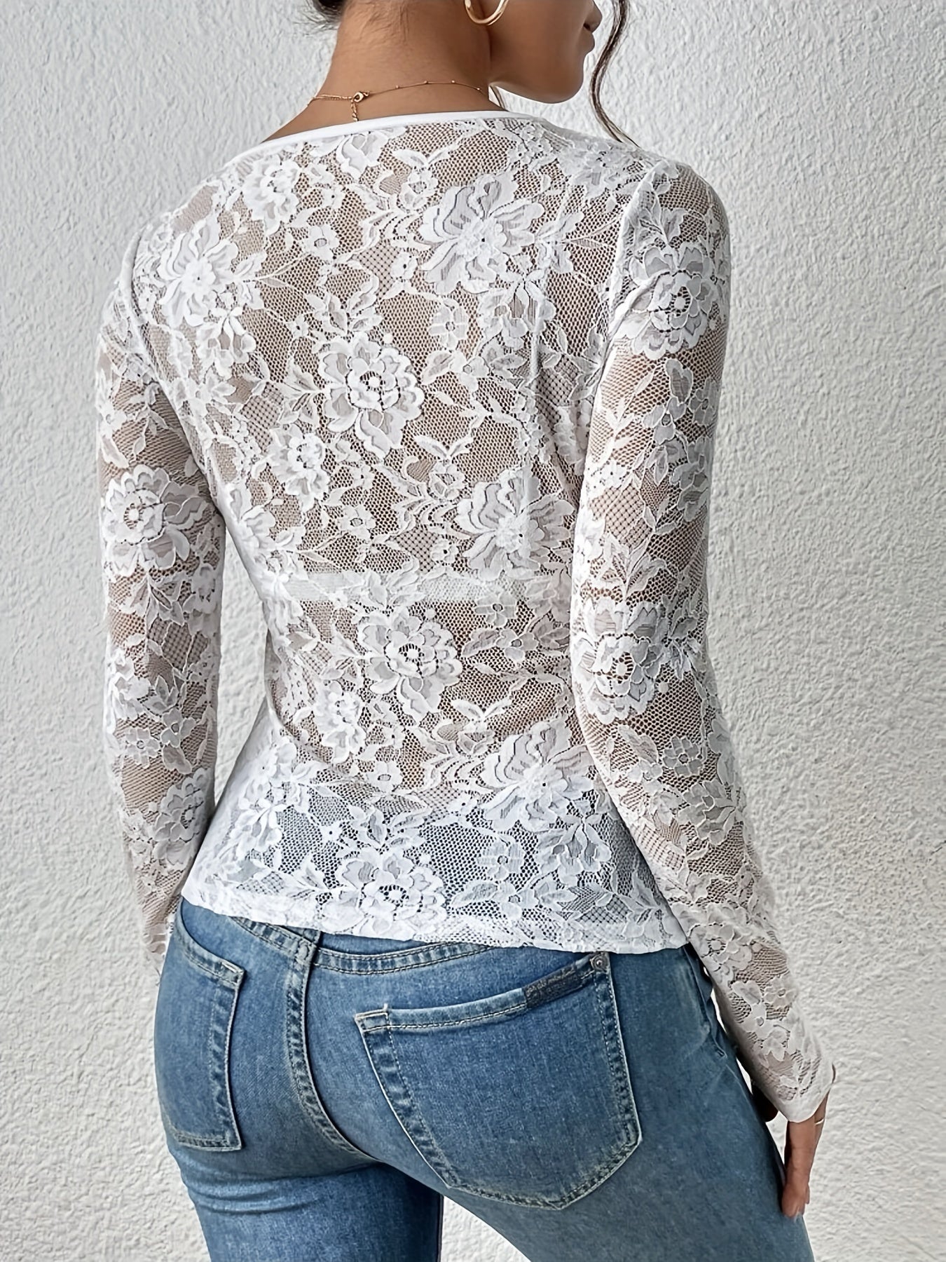 Women's Lace Blouse with Long Sleeve and Sheer Details