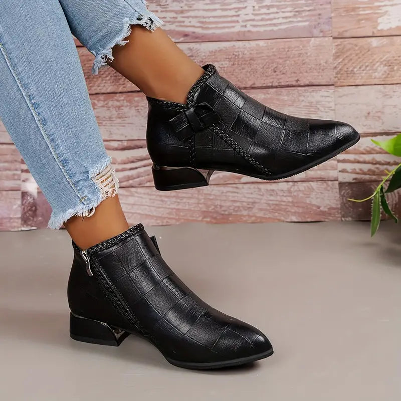 Women's Vegan Leather Ankle Boots With Side Buckle and Zipper