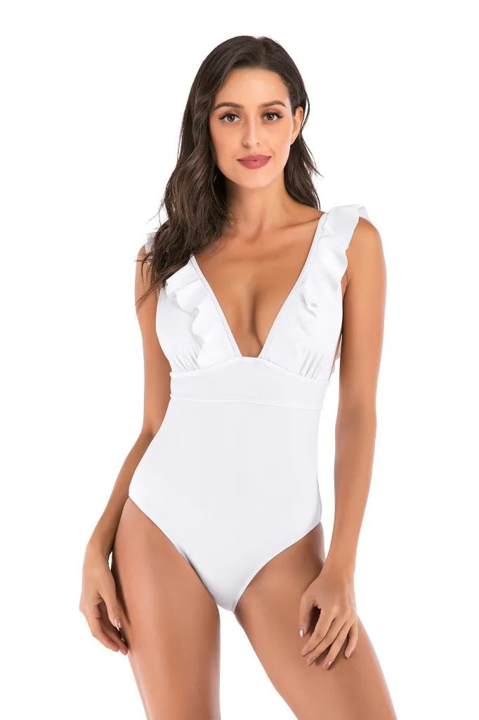 Women's Summer One Piece Swimwear with Deep V-neck and Ruffles
