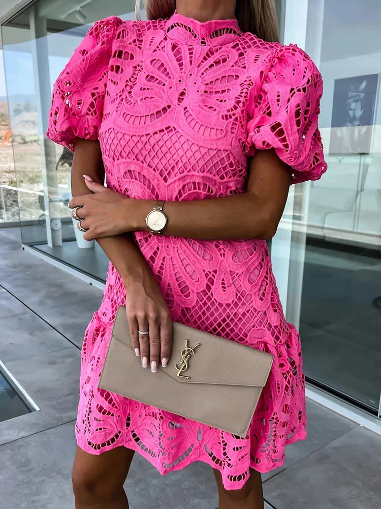 Women's Mini Party Dress with Puff Sleeve and Lace Detail