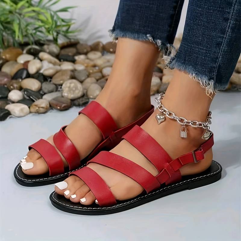 Women's Summer Vegan Leather Flat Sandals with Three Straps Style