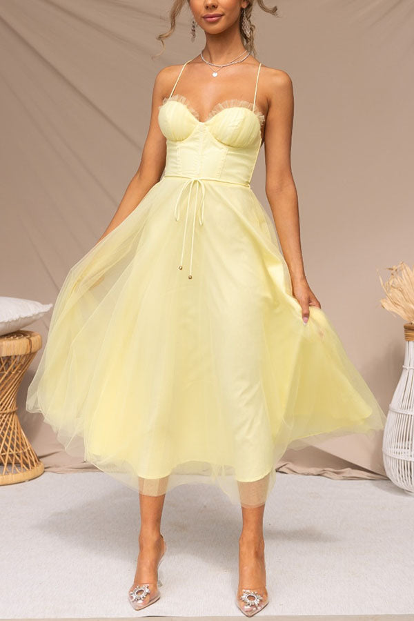Women's Summer Corset Midi Dress with Tulle Skirt and Spaghetti Straps