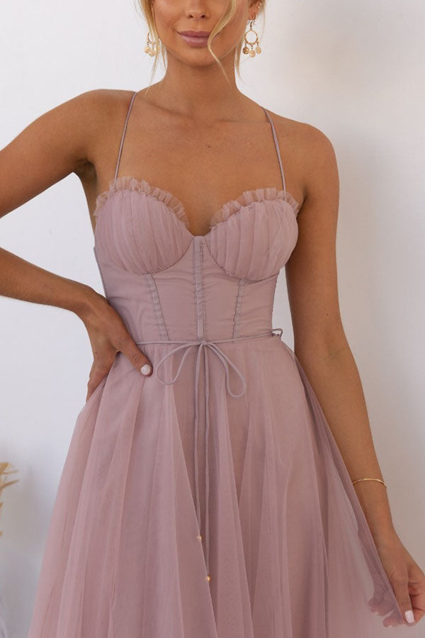 Women's Summer Corset Midi Dress with Tulle Skirt and Spaghetti Straps