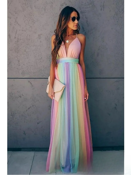 Women's Summer Tulle Maxi Dress with V-Neck and Multicolour Style