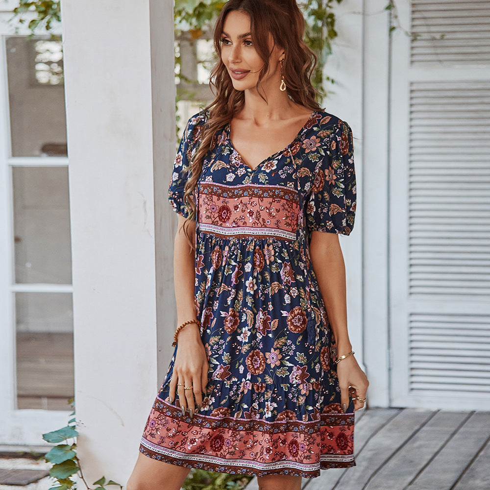 Women's Summer Floral Mini Dress with Puff Sleeves and Drawstring