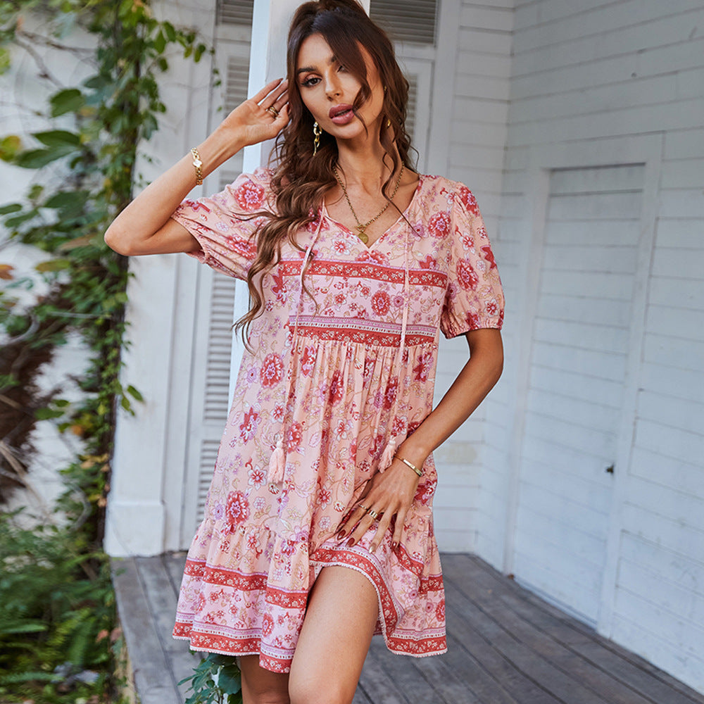 Women's Summer Floral Mini Dress with Puff Sleeves and Drawstring