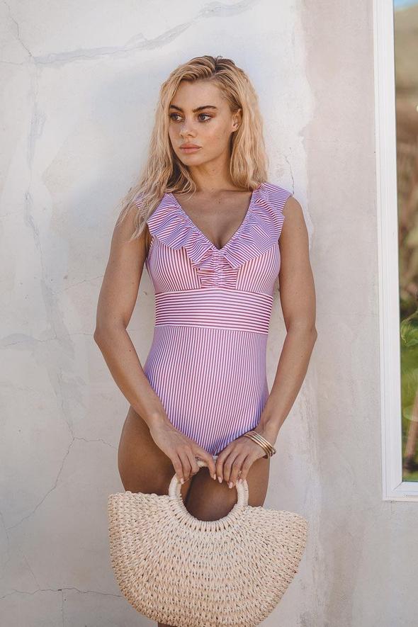 Women's Summer One Piece Swimwear with V-neck and Striped