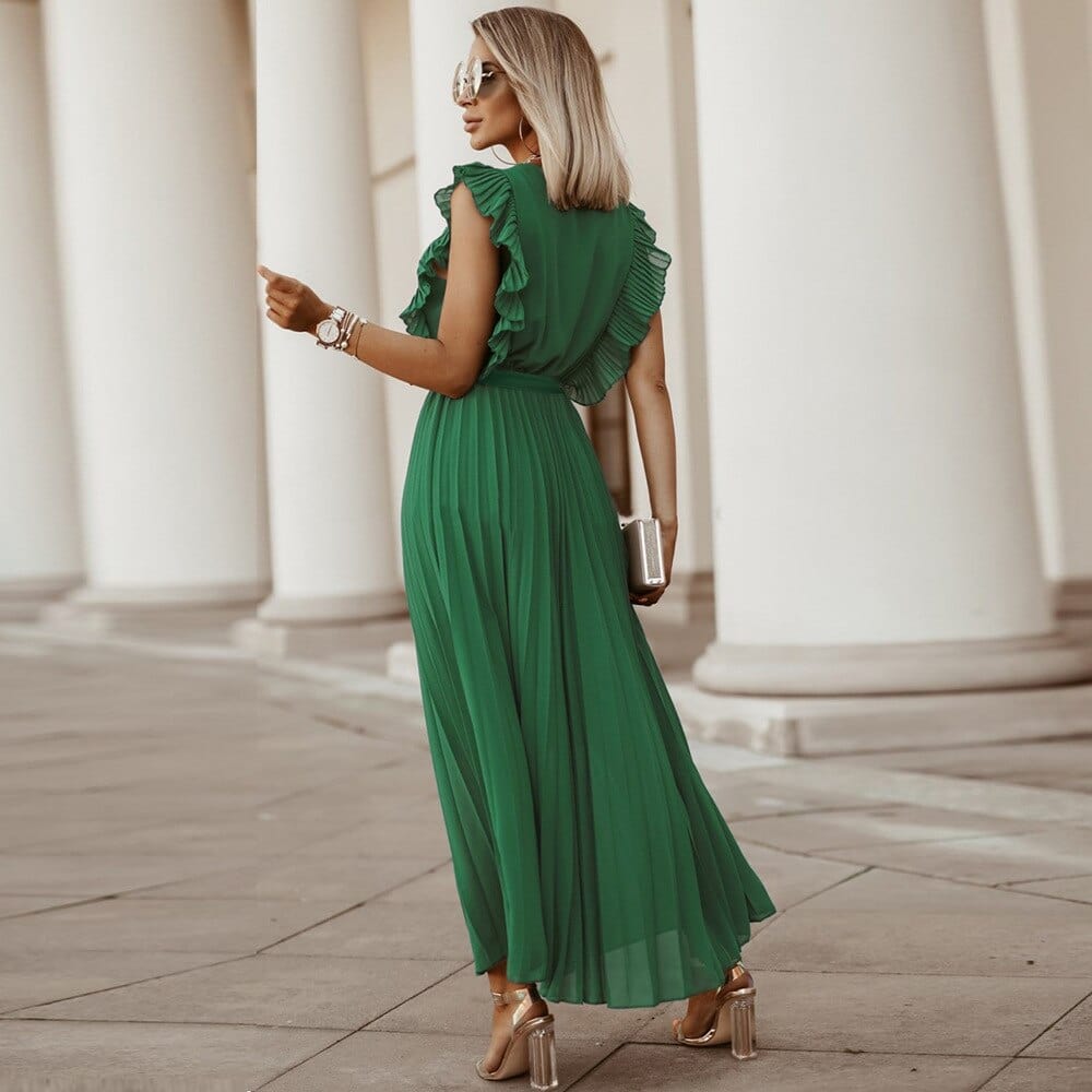 Women's Summer Ruffles Maxi Dress with and V-neck and Belt