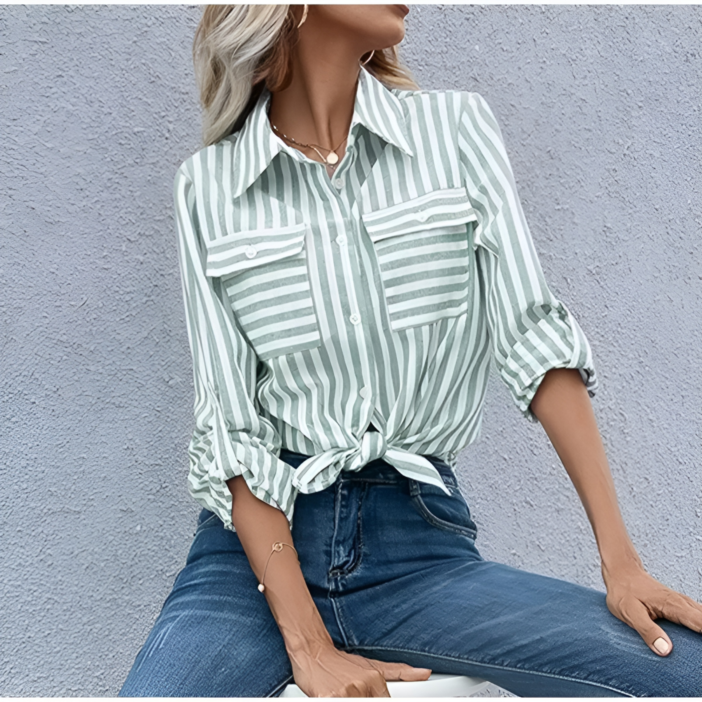 Women's Summer Folded Sleeves Shirt with Striped and Buttons