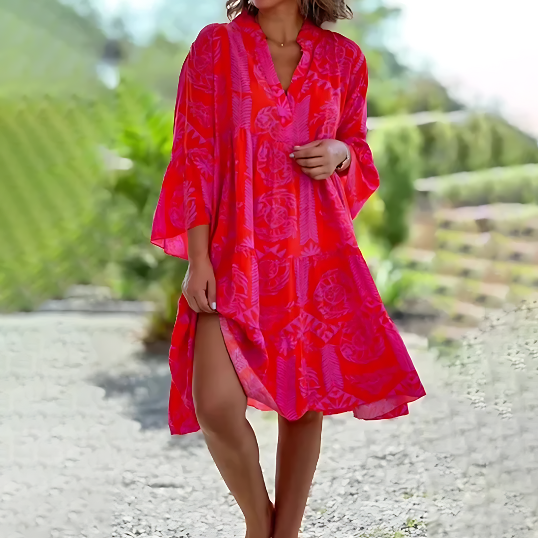 Women's Summer Printed Midi Dress with V-neck and Long Sleeve