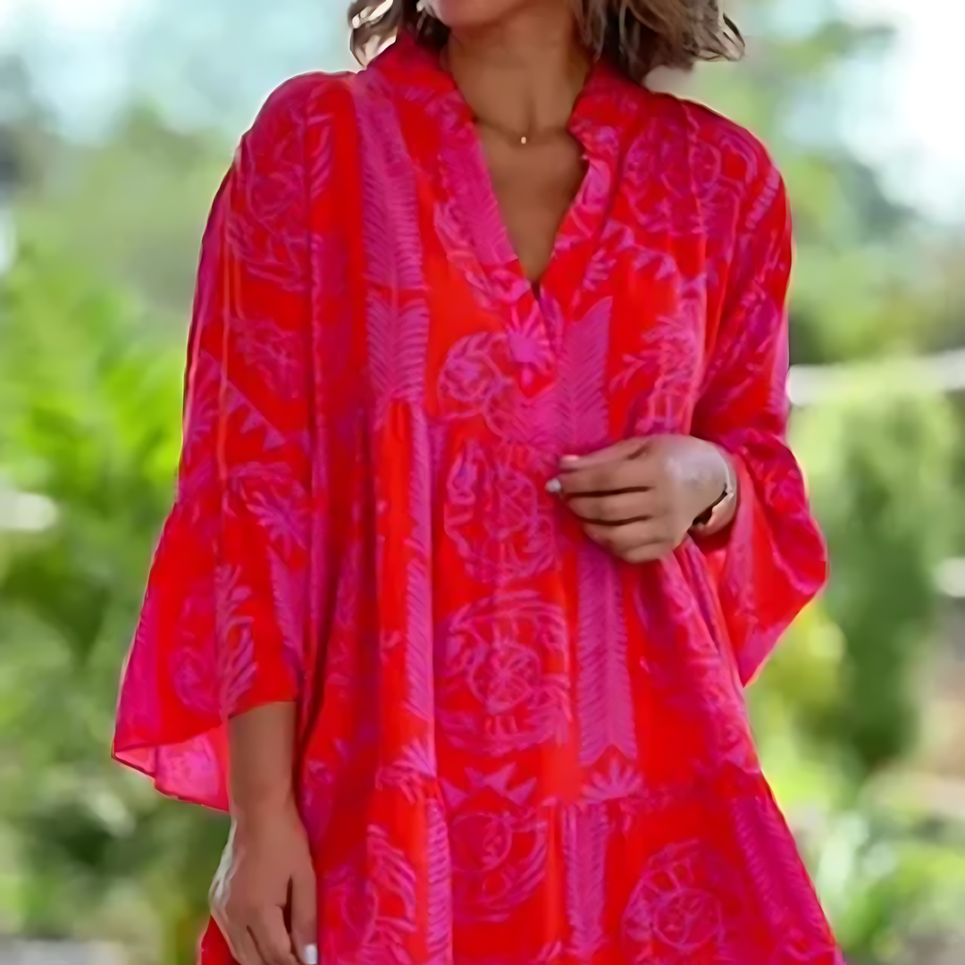 Women's Summer Printed Midi Dress with V-neck and Long Sleeve