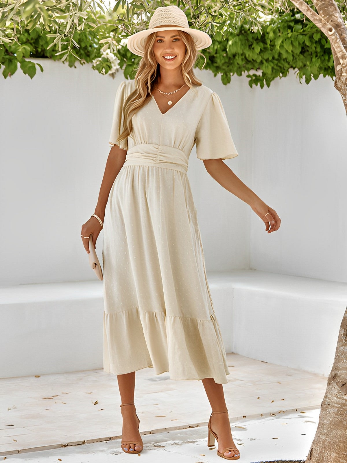 Women's Summer Belted Midi Dress with V-neck and Short Sleeve