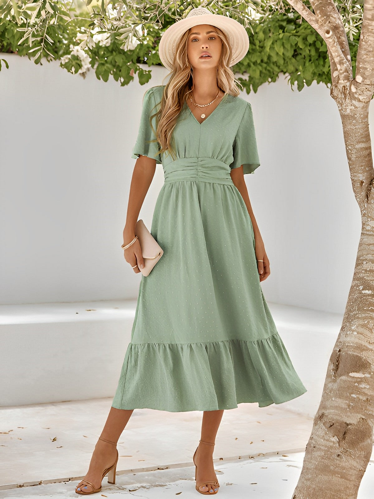Women's Summer Belted Midi Dress with V-neck and Short Sleeve