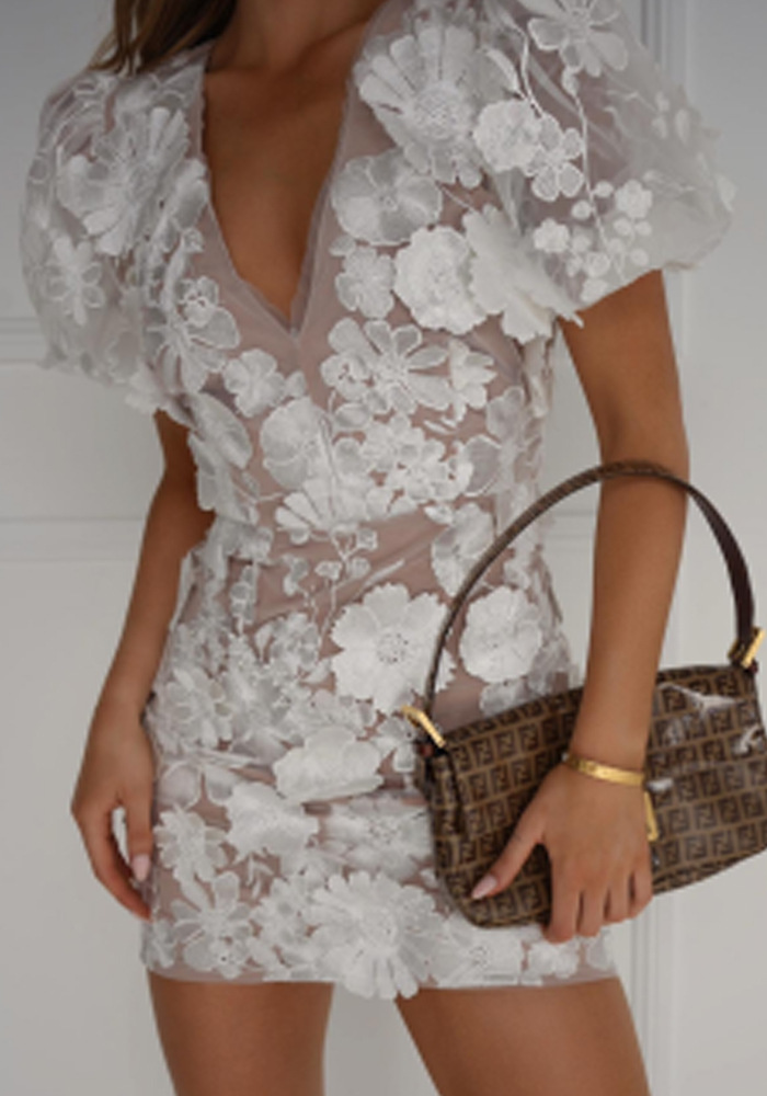 Women's Summer Puff Sleeves Mini Dress with V-neck and Floral Embroidered