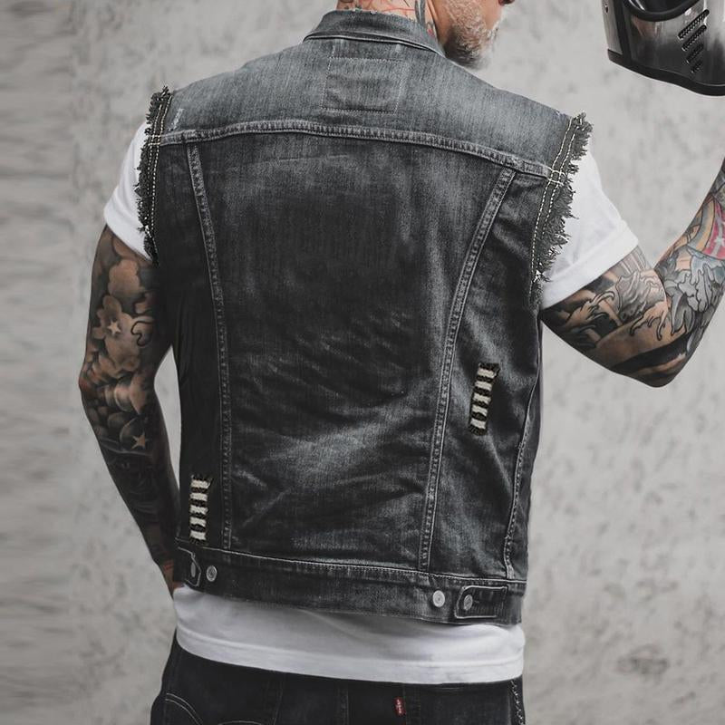 Men's Denim Vest with Gold Buttons and Ripped Style