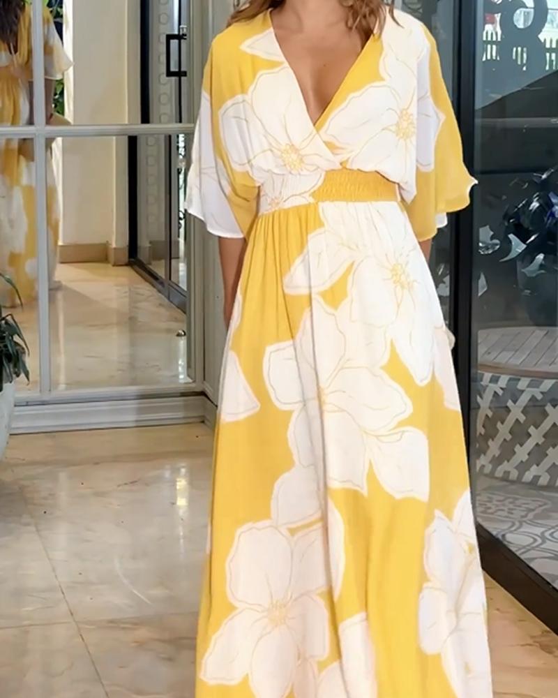 Women's Summer Floral Maxi Dress with V-neck and Elastic Waist