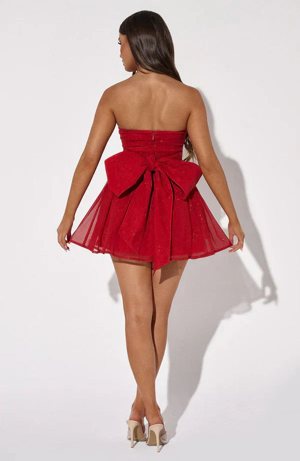 Women's Summer Shimmer Cocktail Dress with Strapless and Bow Detail