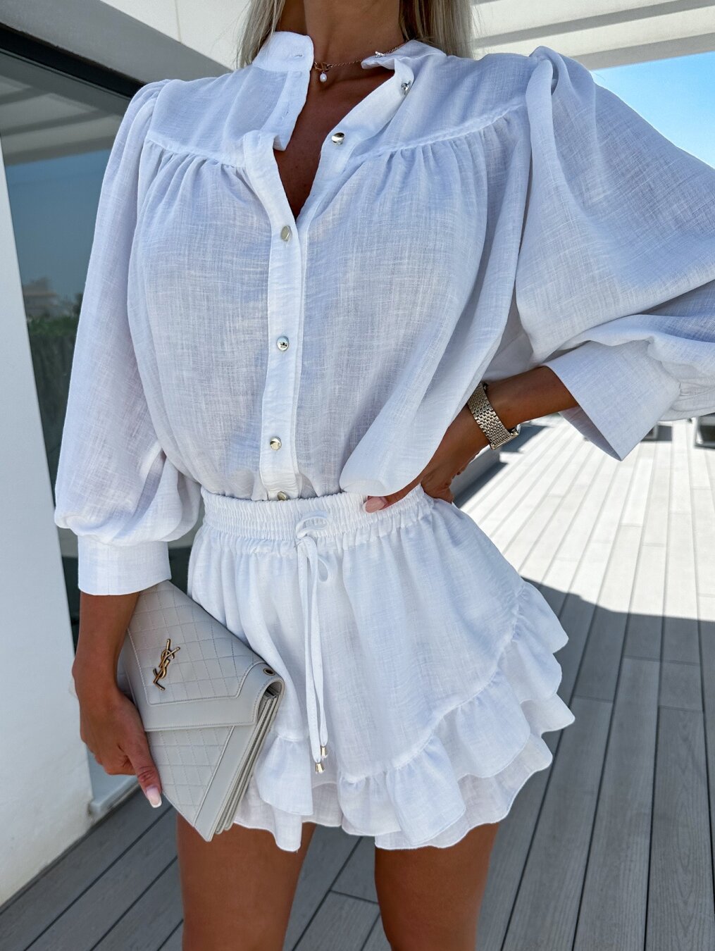 Women's Summer Set with Ruffled Mini Skirt and Puff Sleeves Blouse