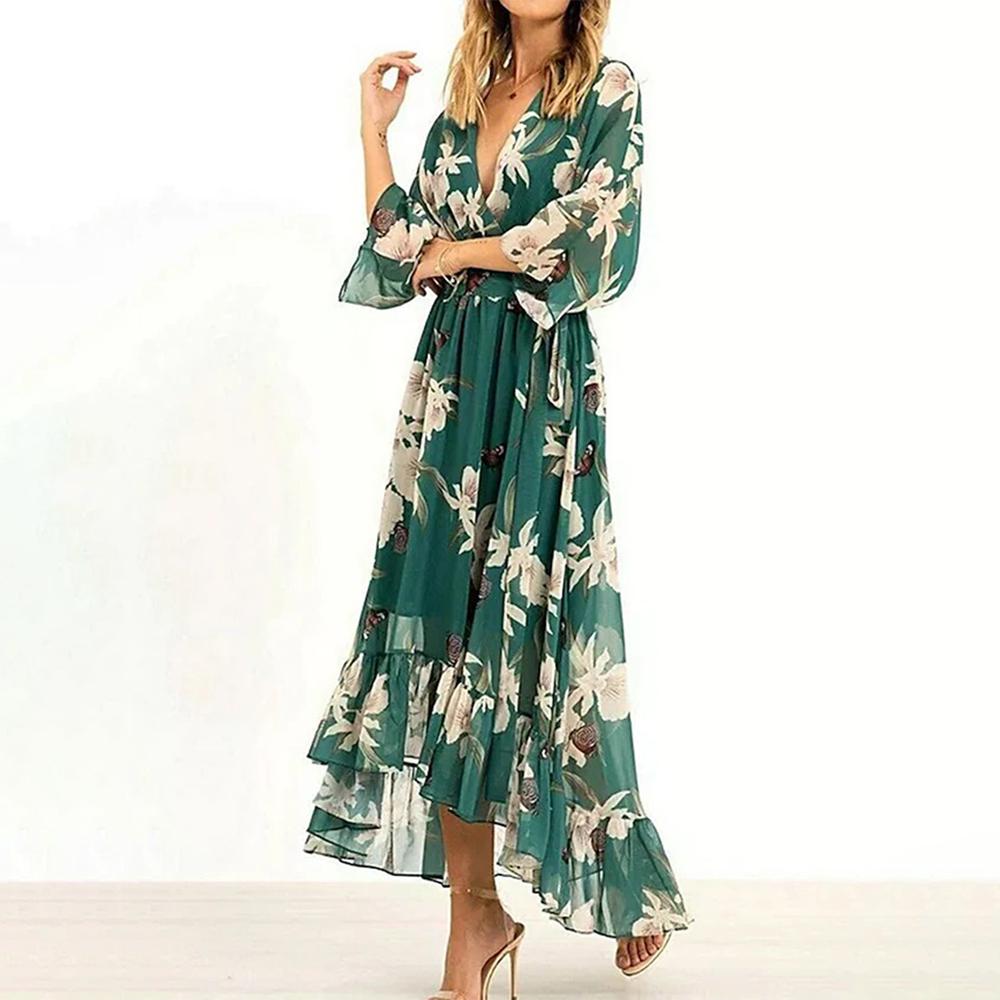Women's Summer Long Sleeve Floral Dress with V-neck and Ruffles