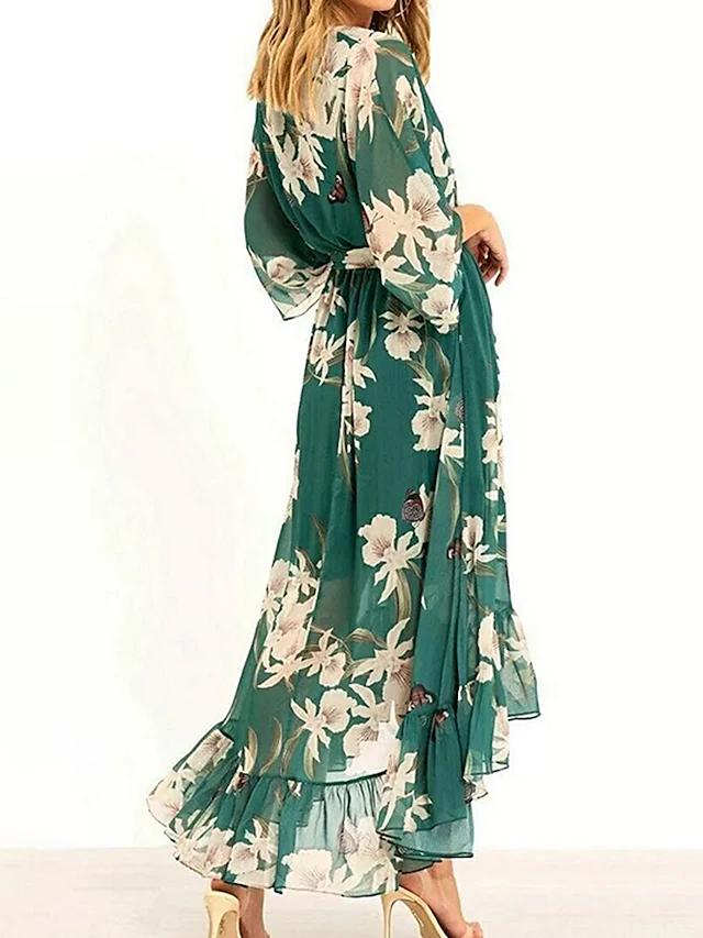 Women's Summer Long Sleeve Floral Dress with V-neck and Ruffles