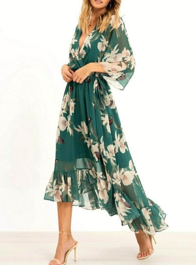 Women's Summer Long Sleeve Floral Dress with V-neck and Ruffles