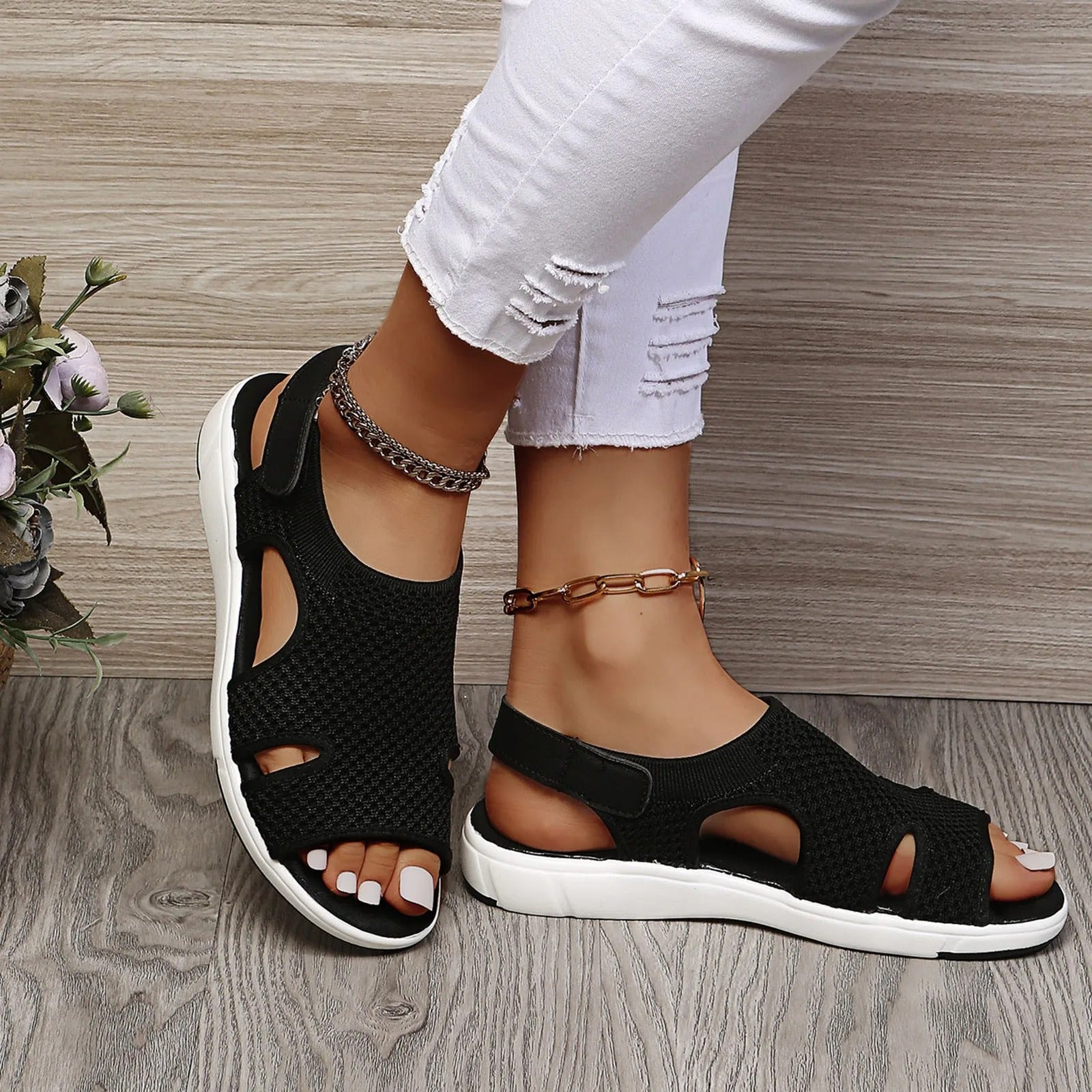 Women's Summer Mesh Sandals with Open Toe and Cut-out Design