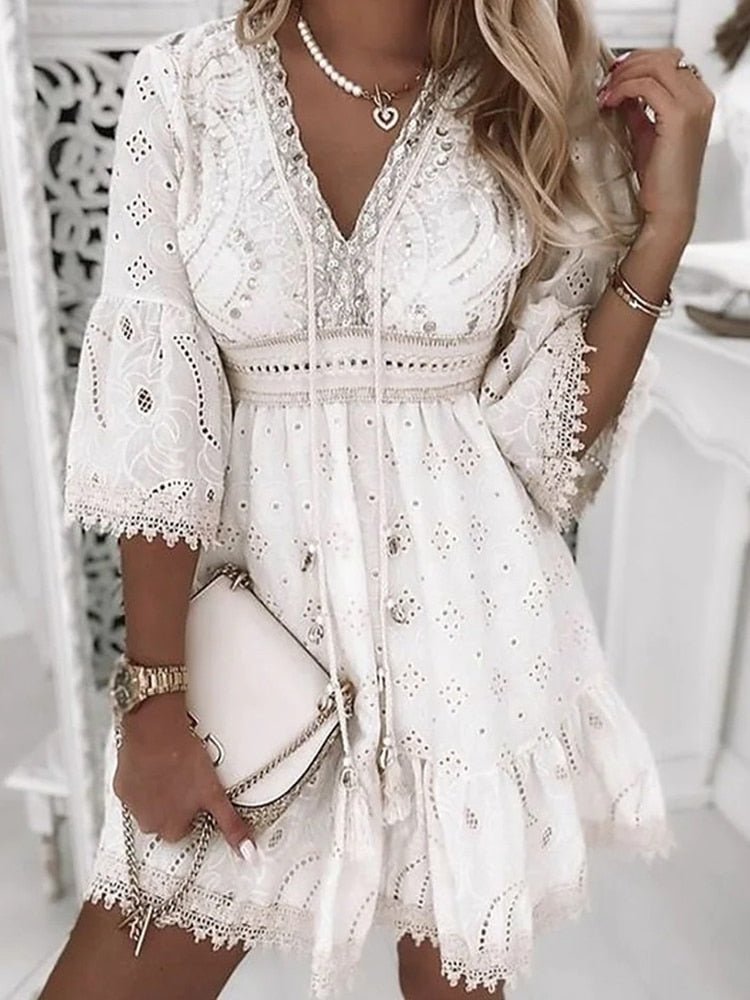Women's Summer Eyelet Lace Dress with V-neck and Drawstring