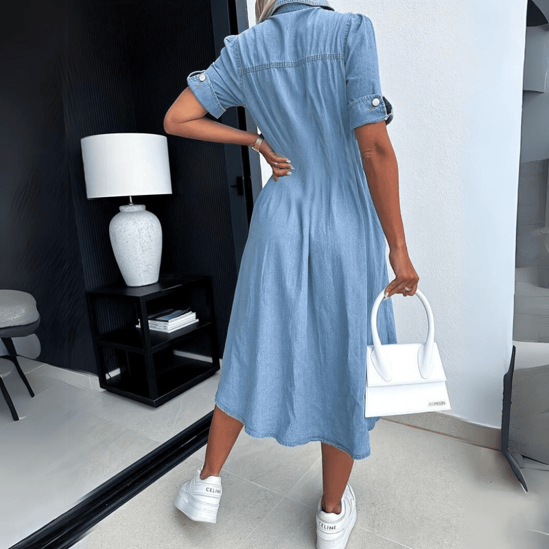 Women's Summer Denim Midi Dress with Full Buttons and Short Sleeves