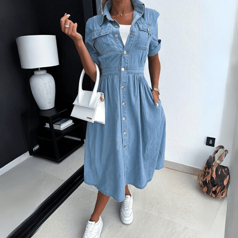 Women's Summer Denim Midi Dress with Full Buttons and Short Sleeves