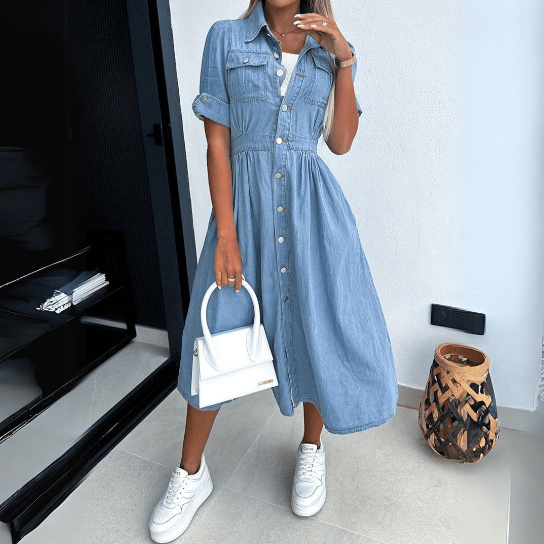 Women's Summer Denim Midi Dress with Full Buttons and Short Sleeves