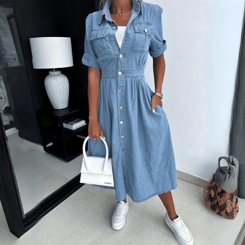 Women's Summer Denim Midi Dress with Full Buttons and Short Sleeves