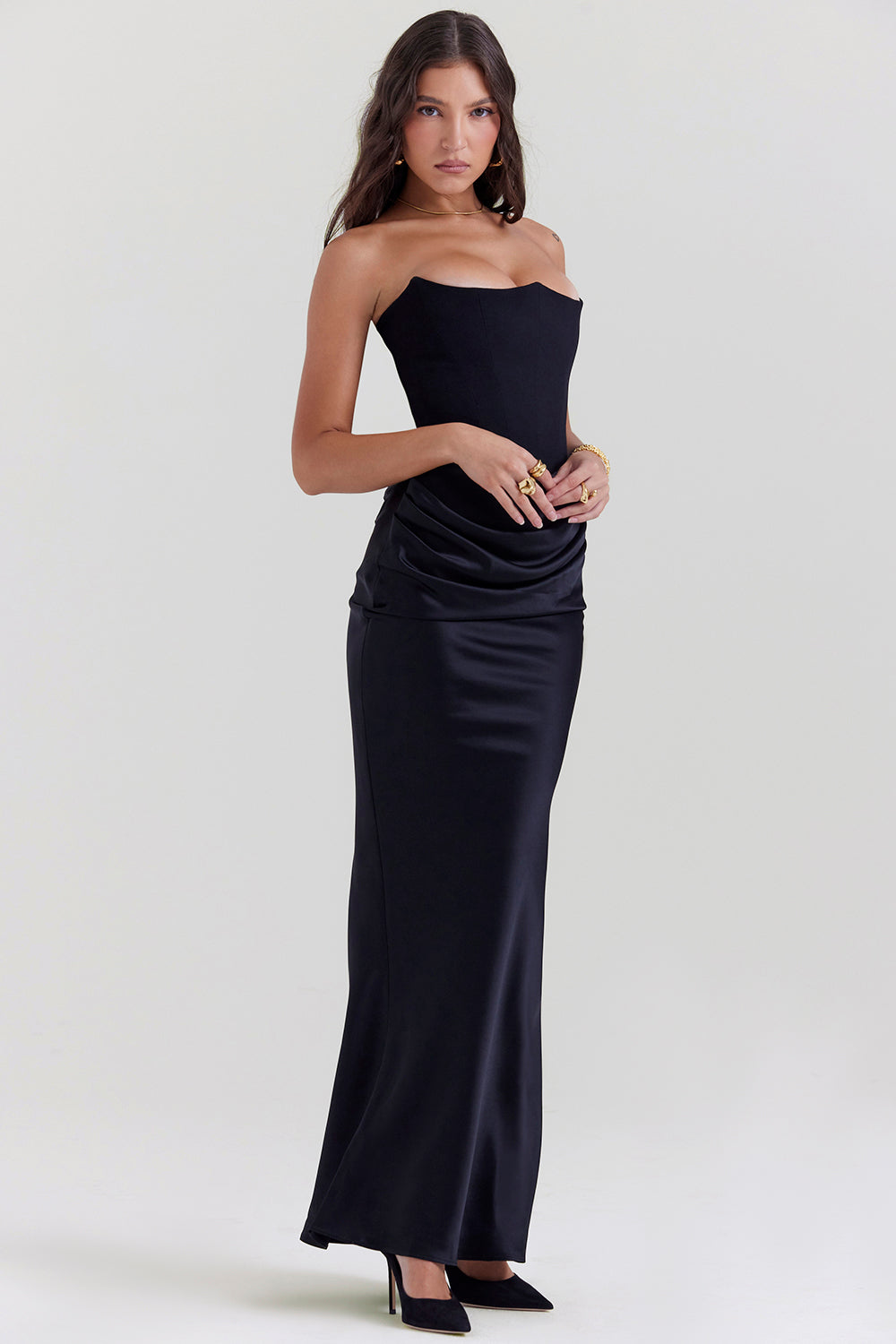 Women's Summer Formal Dress with Draped Hip Detail and Strapless