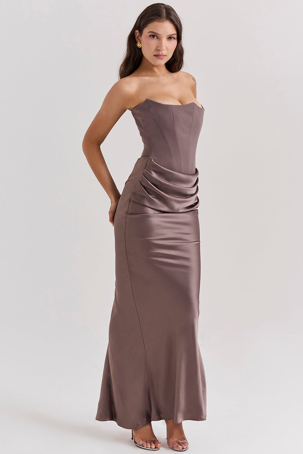 Women's Summer Formal Dress with Draped Hip Detail and Strapless