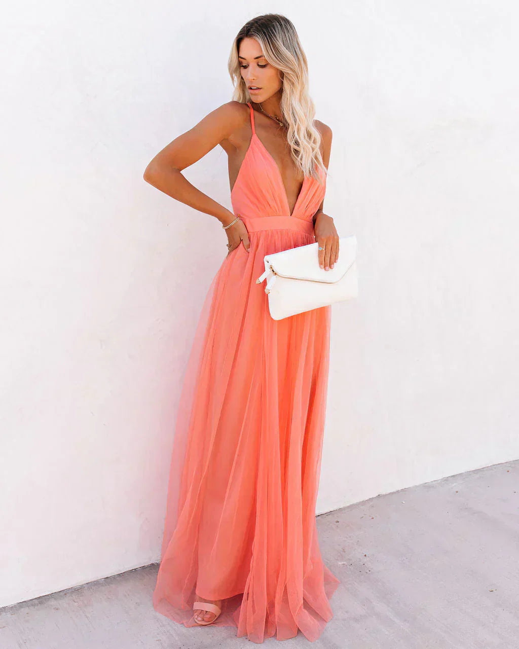 Women's Summer Tulle Maxi Dress with V-Neck and Cross-Back Straps