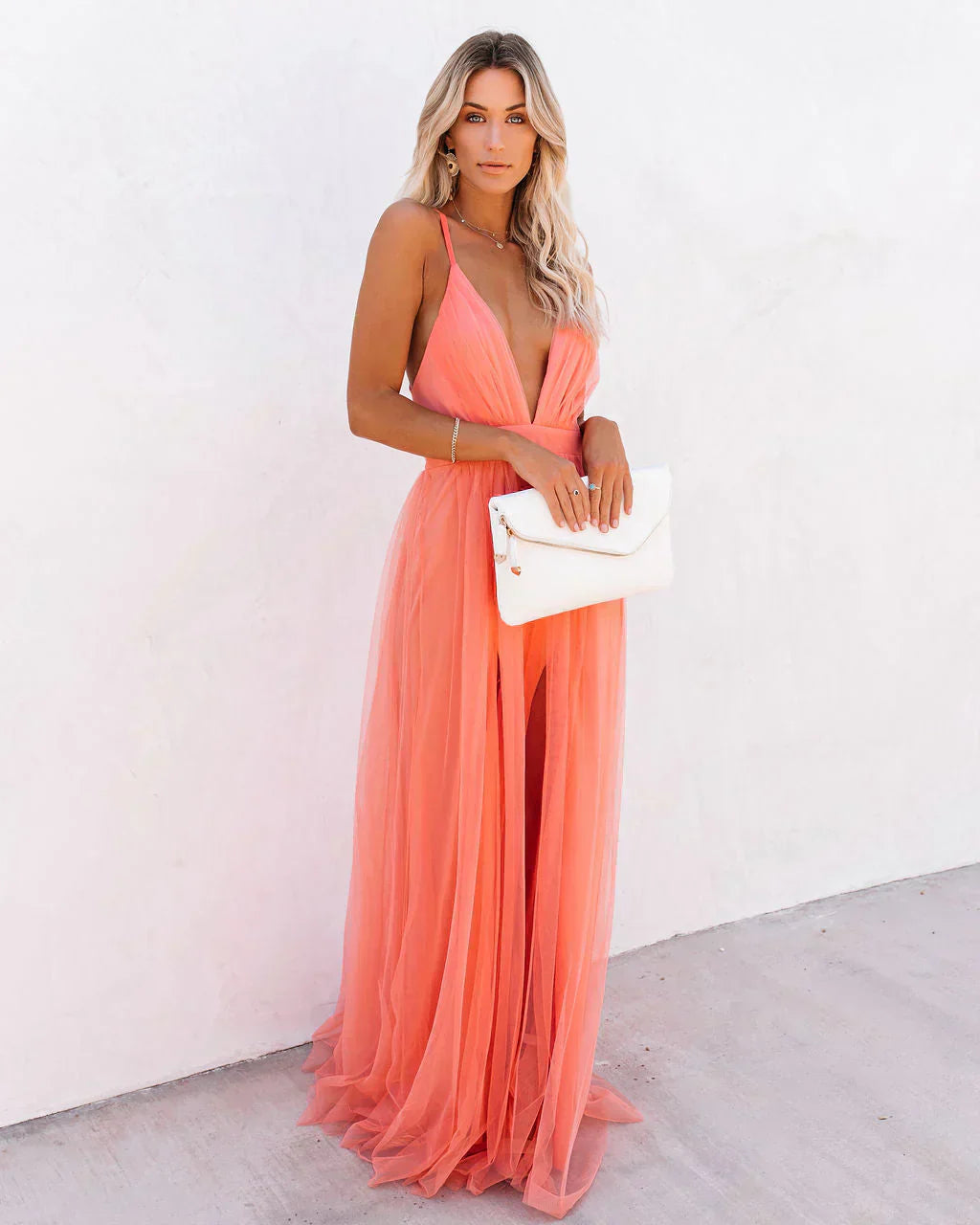 Women's Summer Tulle Maxi Dress with V-Neck and Cross-Back Straps