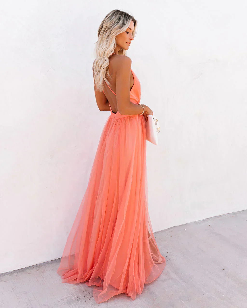 Women's Summer Tulle Maxi Dress with V-Neck and Cross-Back Straps